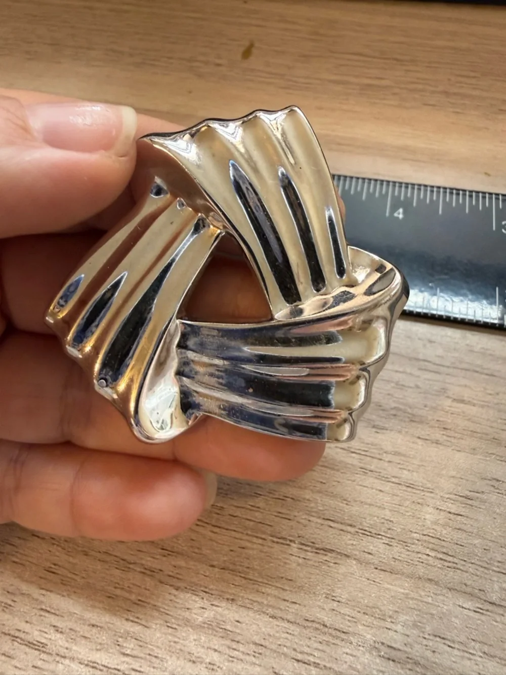 Vintage Monet Silver‎ Tone Geometric Knot Brooch Ribbed Triangular Pin